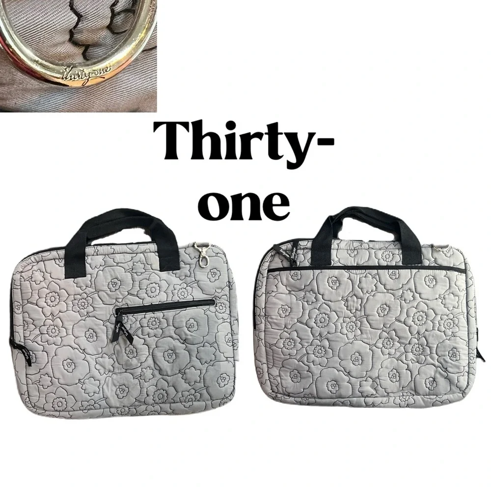 Thirty-One Black and Gray Floral Quilted Laptop Bag